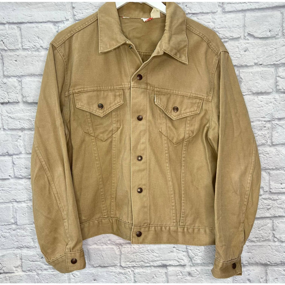 Levis Mens Denim Jacket Beige Tan Trucker Size 46 Snap Button 70505 USA Type 3 - Picture 1 of 7